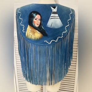 Vintage Apache native american hand painted fringed cape